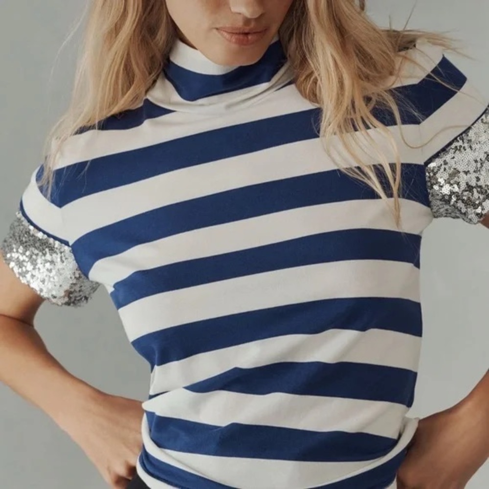 Striped Blue and White Women's Top with Sequin Sleeves
